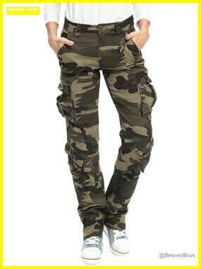 Womens Cargo Work Pants Stretch Cotton Camo Combat Travel Pants with 8 Pockets